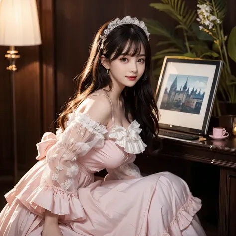 laughing out loud，side view,Side Angle, Bow tie at the back, Bow at back，side view, Skirt to calf length, Cupcake Dress, Layered skirt with lace on each layer, Wear a Lolita dress, Layered Dress, Pink Lolita Skirt, Lots of lace, Long sleeve, Wide sleeves, ...