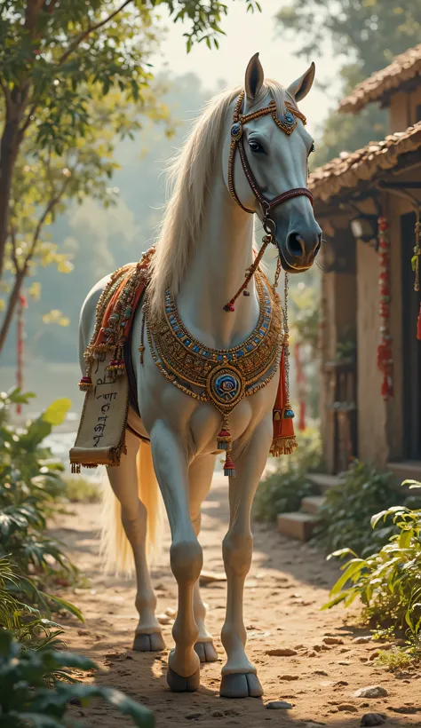 A beautiful white horse decorated with jewellery and a  big paper note hanged to its neck with Sanskrit writing walking beside valmiki ashram hut at riverside