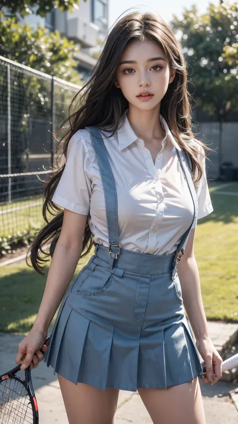 In this ultra realistic, 8K RAW photo, the subject is a woman wearing a school uniform with suspenders, her long hair cascading down her back. She is pretending to play a tennis shot, her busty figure accentuated by the fitted blouse. Her makeup is intrica...