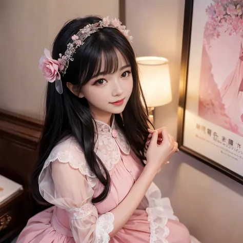best quality, Delicate face,beautiful visual work,lifelike,1 girl, eternity, Black Hair, Long curly hair, bangs, Smile, Pink skirt, Pink loli dress, layered skirt, Lolita style long skirt,tiered dress with a lace-trimmed skirt, decorate, Lace, Long sleeve,...