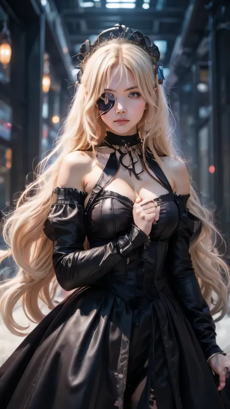 Gothic Lolita fashion, a beautiful girl with long blonde hair, cute, face forward, cyberpunk, Choker, One-piece dress, Arm Covers, Eye patch, Church, Blonde woman with long hair and black eyeliner, unreleased, unopened, album artwork, Alexa Grace, album, {...