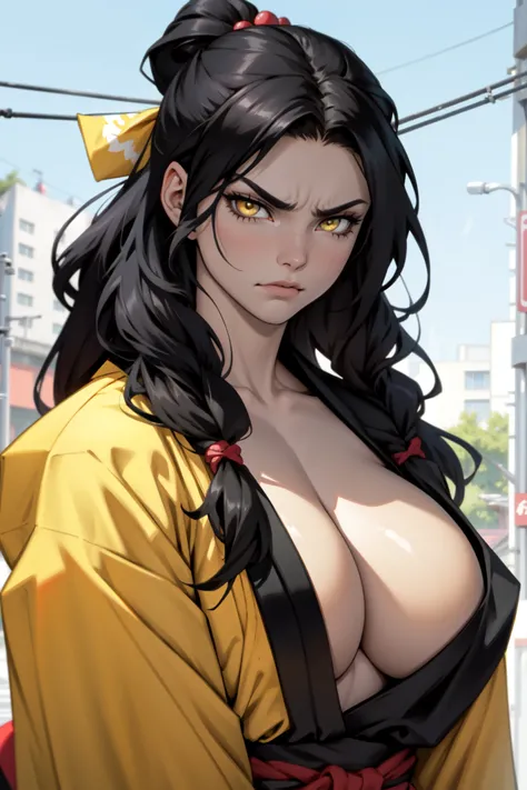 1girl black hair yellow eyes very long hair pale skin angry bodybuilder huge breasts muscular toned body ((kimono))