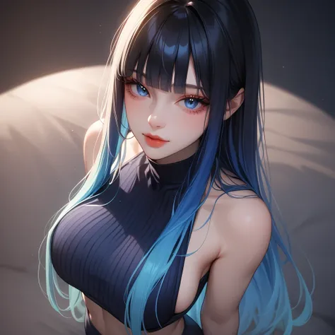 ((pastel blue black, hair, gradient hair ), best quality 、 Masterpiece、( professional lighting )、  surreal、( wearing high heels) , Charming、 slender supermodel 、 one adult female , ((from above, upper body, look at viewer), (slightly larger breasts, midrif...