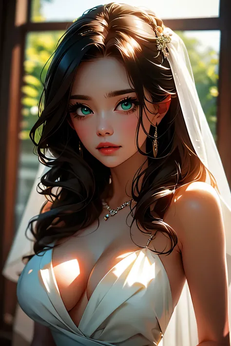 wedding . Brunette woman wearing an elegant dress . She's a billionaire . She is 44 years old , 3 breast size . green eyes . Arrogant look . Her blue-eyed daughter is getting married . A woman can hardly hold back so as not to cry with happiness  . 