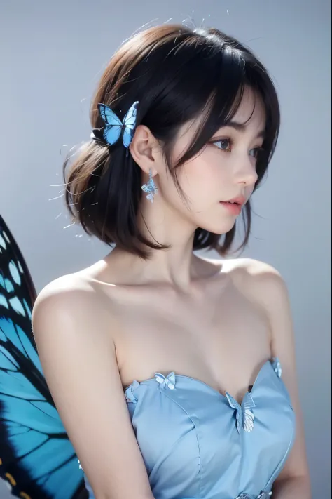 1girl, bangs, bare_arms, bare_shoulders, blue_butterfly, blue_dress, bug, butterfly, butterfly_on_hand, butterfly_wings, collarbone, dress, earrings, grey_background, jewelry, looking_away, multicolored_hair, profile, short_hair, solo, strapless, strapless...