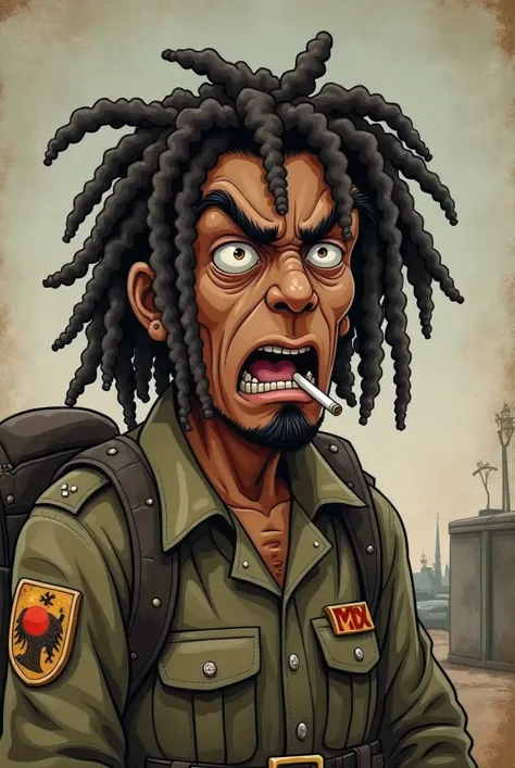 (Vintage cartoon) brown-skinned dreadlocked soldier smoking with an angry expression