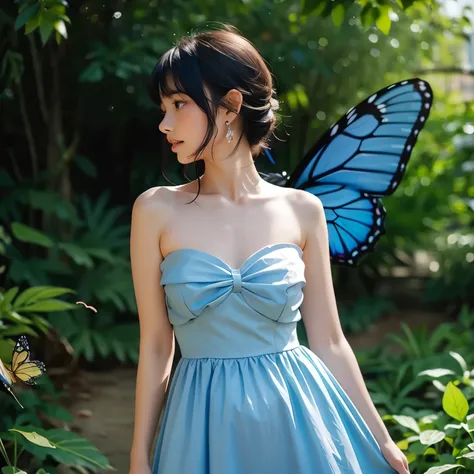 1girl in, bangs, Only_missiles, Only_shoulders, blue_butterfly, blue_Dress, bug, butterfly, butterfly_ABOUT_Hand, butterfly_Wings, clavicle, Dress, earrings, greys_Background, Jewelry, up looking_Away, multicolored _hair, profile, Short_hair, Alone, strap...