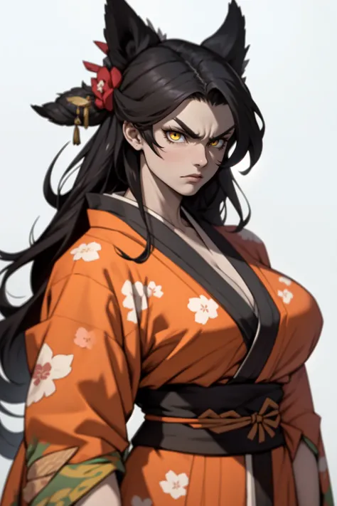 1girl black hair yellow eyes very long hair pale skin angry bodybuilder huge breasts muscular toned body ((kimono))