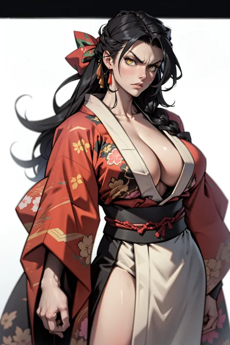 1girl black hair yellow eyes very long hair pale skin angry bodybuilder huge breasts muscular toned body ((kimono))