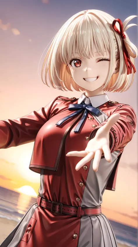 solo, 1girl, (reaching towards viewer:1.3)
BREAK 1girl, chisato nishikigi, short hair, bangs, blonde hair, red eyes, hair ribbon, one side up, bob cut, shirt, long sleeves, dress, ribbon, white shirt, collared shirt, belt, neck ribbon, red dress, blue ribb...