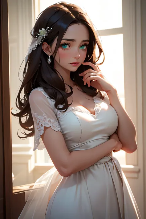 Brunette woman wearing an elegant dress . She's a billionaire . She is 44 years old , 3 breast size . green eyes . Arrogant look . She watches her blue-eyed daughter get married . A woman can hardly hold back so as not to cry with happiness  . 