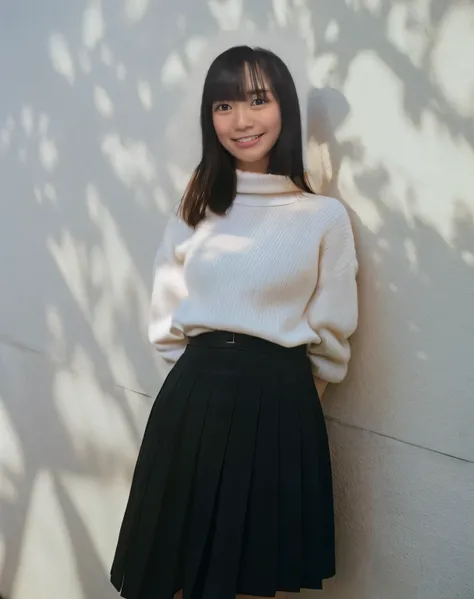 Super Detail,TOP QUALITY, 1 female high school student,garden, illuminated by sunlight, I'm wearing a turtleneck sweater,black pleated miniskirt,I'm looking at this, posing for a photo 