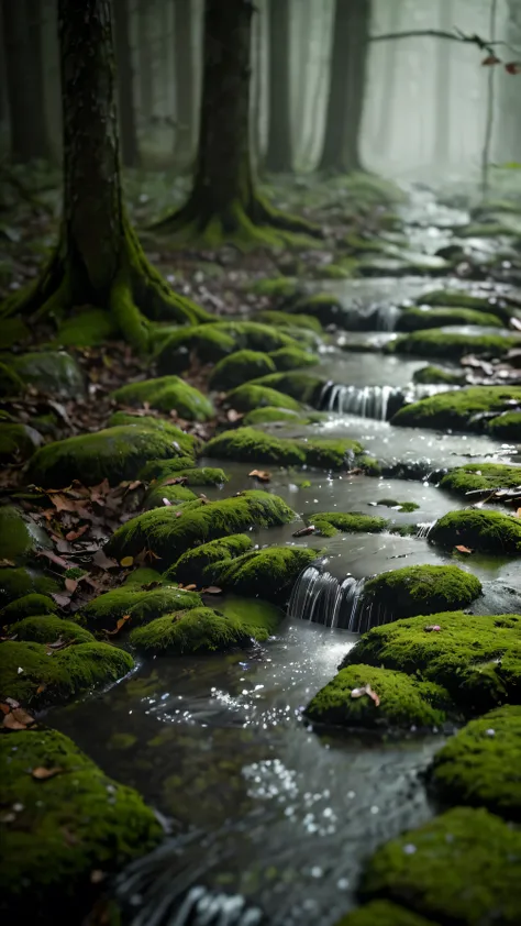 As if hidden from the outside world , This small forest pulsates in the gentle rhythm of nature . Raindrops falling from the branches , forming a random pattern on the wet ground . The mossy stones shine dimly in the soft light that breaks through leaf...