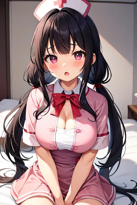 masterpiece、Highest Image、Ultra High Definition、A Very petite, very short stature, very young kindergarten girl with big breasts、twin tail hairstyle、black hair、Red face、shyly、open your mouth just a little、short-sleeved pink pink nurse uniform that show cle...