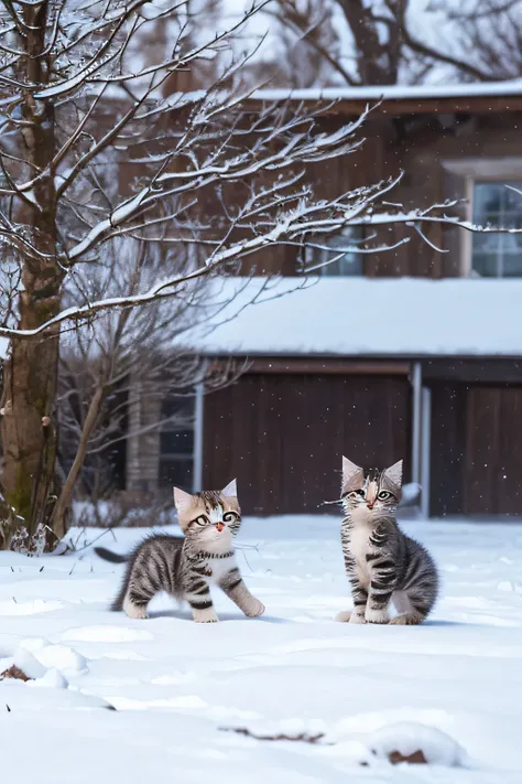 The kittens playing in the snowy field, ２seem to be having a lot of fun, Draw realistically