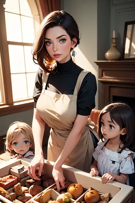 Photo of a grandmother and granddaughters . An aged brunette woman dressed in a simple suit with an apron . She's a billionaire . she is 54 years old , 3 breast size . green eyes . Arrogant look .  She is playing in a sandbox with two s with blue eyes . Th...