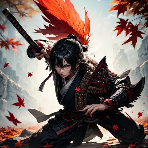  very elaborate samurai wearing traditional armor,  FIERCE EXPRESSIONS ,  Powerful Stance , Sword in one hand,  autumn leaves background
, bright colors, dynamic lighting,exhaustive,