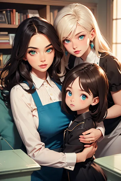 Photo of a grandmother and granddaughters . An aged brunette woman dressed in a simple suit with an apron . She's a billionaire . she is 54 years old , 3 breast size . green eyes . Arrogant look .  She is playing in a sandbox with two s with blue eyes . Th...