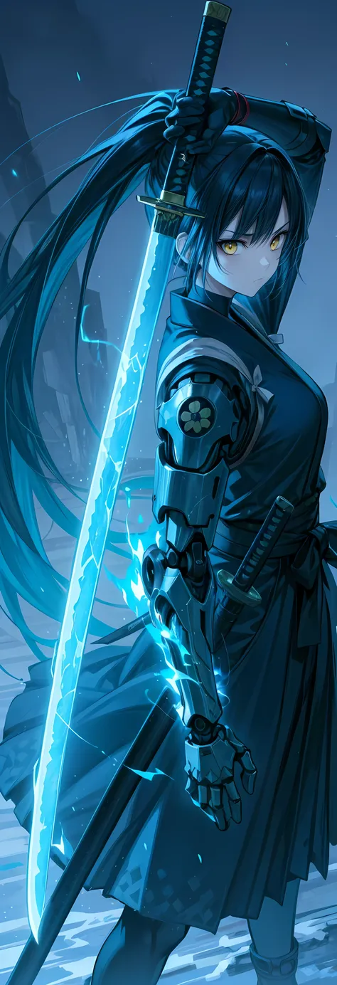 best quality, high detailed, Samurai Girl, mechanical right arm, iai stance, katana, big weapon, frozen arm, cold blue flame, Slash effect, serious, beautiful eyes, super fine eyes