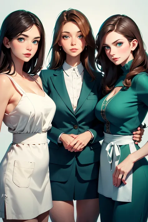 Photo of mom with adult daughters  . An aged brunette woman dressed in a simple suit with an apron . She's a billionaire . She is 44 years old , 3 breast size . green eyes . An arrogant look . She is standing with three brunette girls with blue eyes . This...