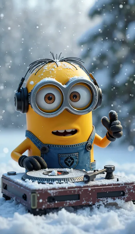 Minion en la nieve, there is a esbirro dj playing a song on a turntable , Arte Digital by Pixar,  ganador del concurso central de zbrush , Arte Digital, esbirro with many many many eyes, yellow esbirro from Despicable Me, still from Despicable Me 2010, Des...