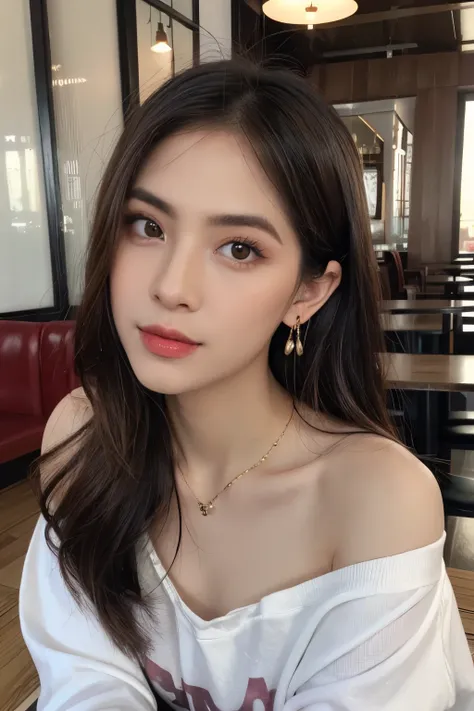 ((Masterpiece, high quality, super detailed, 4k, RAW Photo)), 1 girl, blunt bob hair, ((brown ombre hair)), Perfect face, thin face, ((lying silkworm eyes)), shinny skin, long sleeve t-shirt, off shoulder, in modern cafe, look at the camera, slim body, per...