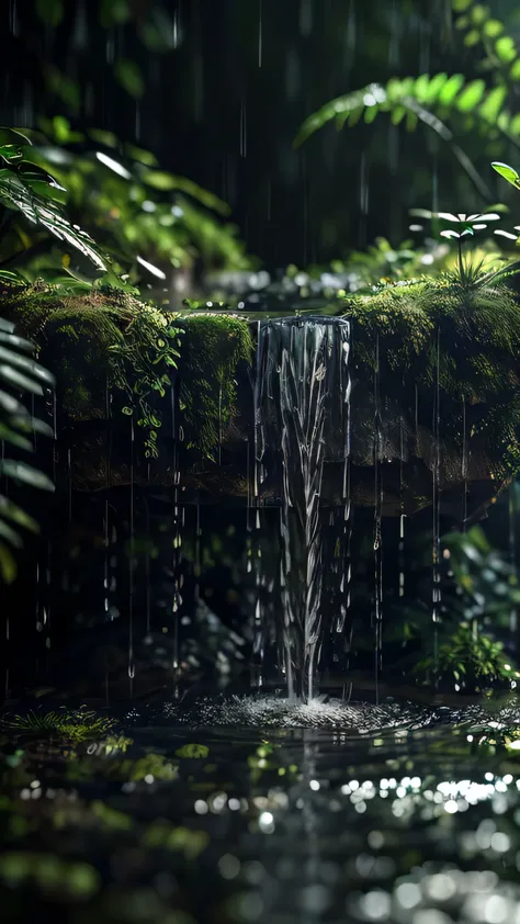 miniforest, no humans,blurry_foreground, outdoors, water, rain, waterfall, green theme,mountain,