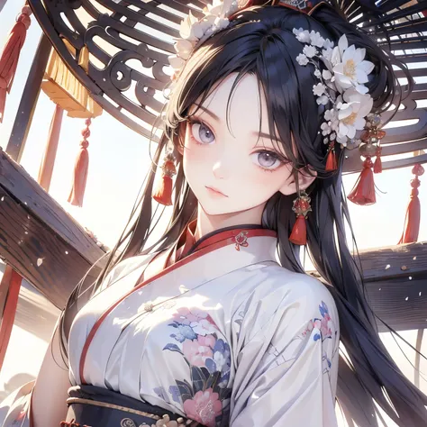 ((TOP QUALITY)), (( masterpiece)), ( detailed face and eyes ), perfect face, accurate, textured skin, advanced details, high definition, Yang Guifei, traditional Chinese costume , Royalty, Empress, luxury, black hair, Top Knot, cowboy shot, (from bel...