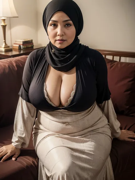 (Realistic) ((Hijab)) (real mature face) 68 Years old fat Brunei mature woman, sexy curvy, (sexy chubby body shape), Big  : 34.9, Gamis, (Breast about To burst out from her clothes, wide cleavage), professional photography with excellent lighting