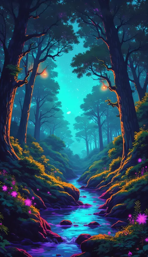 Ultra-detailed digital illustration in 4K resolution, inspired by the magical worlds of Hayao Miyazaki. The scene is set in a vibrant and enchanted forest with towering ancient trees, soft rays of sunlight filtering through thick leaves, and a peaceful str...