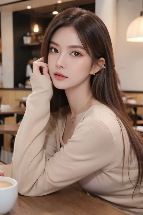 ((Masterpiece, high quality, super detailed, 4k, RAW Photo)), 1 girl, long hair, ((brown ombre hair)), Perfect face, thin face, ((lying silkworm eyes)), shinny skin, long sleeve t-shirt, in modern cafe, look at the camera, slim body, perfect eyes, big nose...