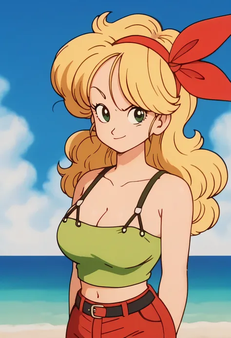 source_anime, score_9, score_8_up, score_7_up, anime screencap, high quality, launch bad, 1girl, solo, blonde hair, breasts, shorts, standing up straight, hands behind back, looking at viewer, looking up, smile, green eyes, cleavage, green crop top, long h...