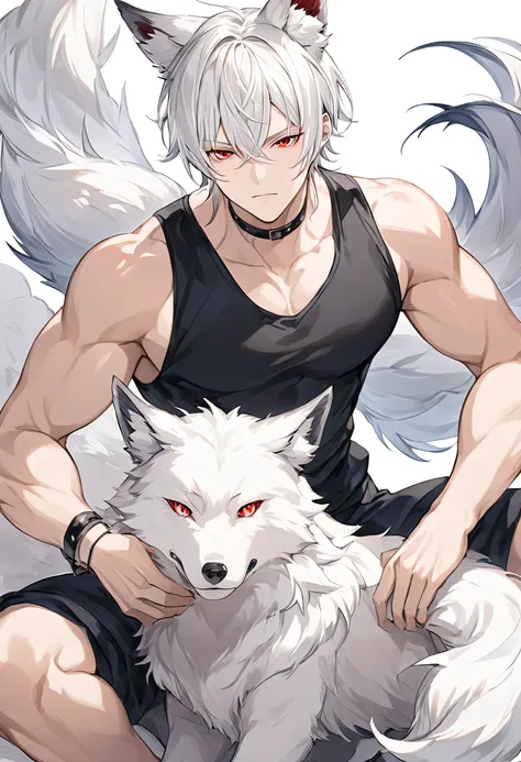 Age 25、 male、Height: 185cm、Model body type、thin macho、 white hair、 red eyes、 wolf ear、 wolf tail 、The skin is pale、black sleeveless inner、 cool series、 neutral、 youth、cool、M-shaped bang bangs、1人の male、 manly