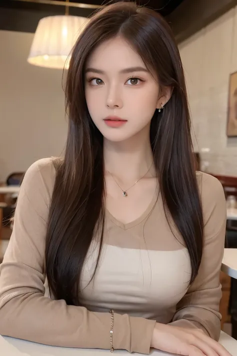 ((Masterpiece, high quality, super detailed, 4k, RAW Photo)), 1 girl, long hair, ((brown ombre hair)), Perfect face, thin face, ((lying silkworm eyes)), shinny skin, long sleeve t-shirt, in modern cafe, look at the camera, slim body, perfect eyes, big nose...