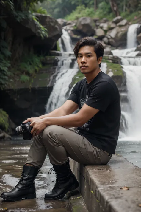 Indonesian man with hair His hair is styled with natural texture, volume at the top, with a slight wave for casual but elegant look. The hair side is shorter and neat, giving a fresh and masculine impression, wearing a black t-shirt with a doodle picture t...