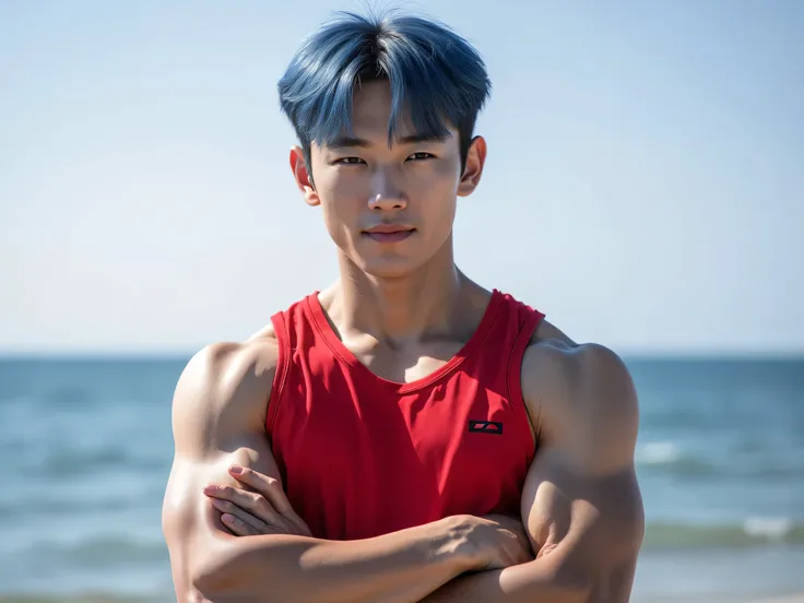 thai , Korean celebrity , Dull skin,  red tank top,  clear muscle, , The hair on the top is slightly pointed., Blue hair , front view, Very handsome , , oval face, Young Handsome Tee,  smiling mouth corner, Stand with arms crossed, Confident Face Color, se...