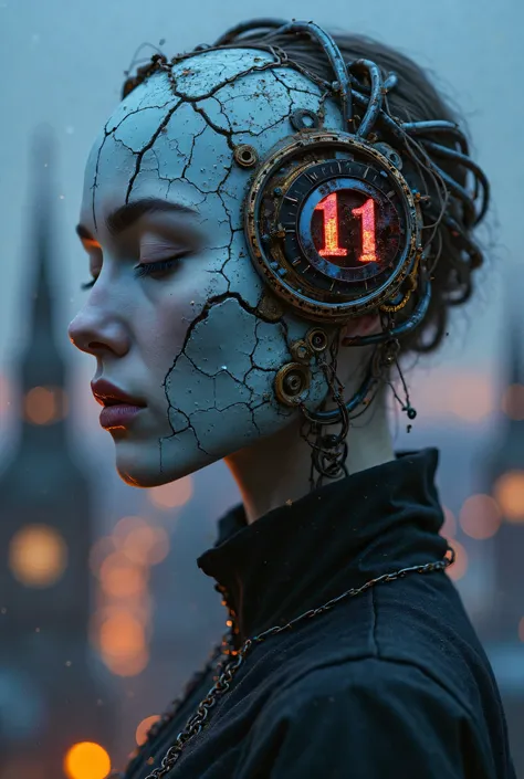 Hyperrealistic portrait of a woman's torso and head where the face is replaced by a watch, that does not have identifiable facial elements. The clock mechanism is visible: rusty steel needles (TIME 11:11), with the numbers illuminated with neon blue. The s...