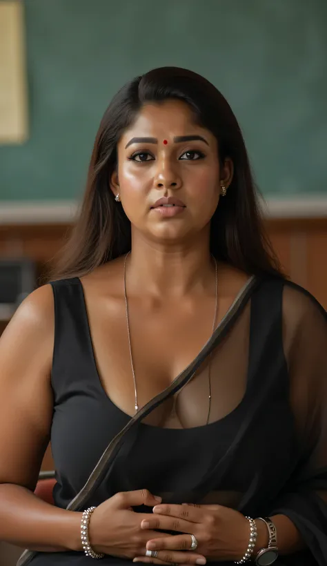 Frontview,Full body image, hourglass body, Indian plus sized Indian teacher syamala, suductive expression on face, very huge breasts, suductively biting on her lower lip by herself, transperent silk saree and deep neck light black colour sleeveless blouse,...