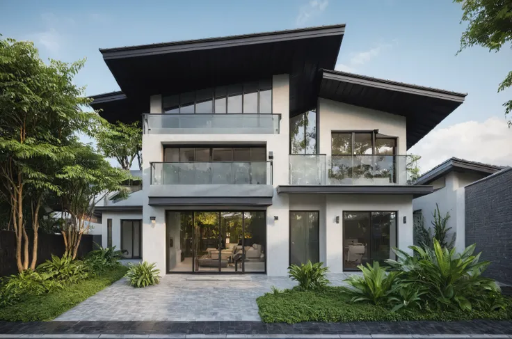 modern villa on street, (daylight), tropical tree , (sloping roof , black tile roof :1.2), Bright colors, street scene, beautiful sky, Gray tone , large glass door, Warm interior lighting, modern materials , best quality, ultra realistic, Masterpiece, ...