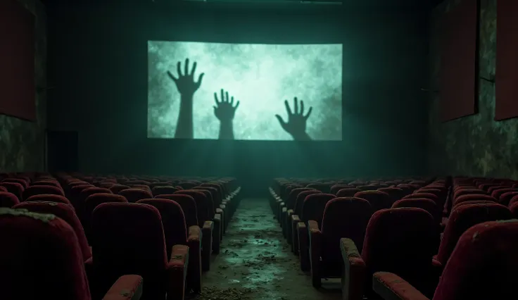 "A dark, abandoned movie theater with torn red seats and a flickering projector casting a ghostly glow. The screen displays static, and shadowy hands seem to reach out from the darkness. The atmosphere is eerie, with dust floating in the dim light, and fai...