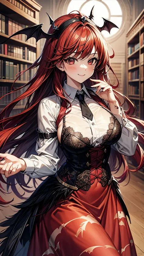 （super high quality,Ultra High Definition,16k,super masterpiece,Ultra HD , detailed shading and background,）one girl, long red hair with ocean print,bat feather decoration on the head,bat feathers on the back,sexy lace queen,smile,blush,The library where t...