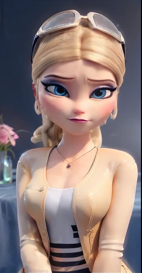  Elsa,chubby face,invent,face detail,blush,purple eye shadow, rose in hair,arise from,simple background, looking to the side,half shirt, White dress, No blouse, without bra, visible peak on chest, (big ) (big breasts) (Fully exposed chest) ( naked and visi...