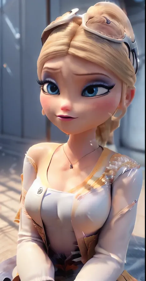  Elsa,chubby face,invent,face detail,blush,purple eye shadow, rose in hair,arise from,simple background, looking to the side,half shirt, White dress, No blouse, without bra, visible peak on chest, (big ) (big breasts) (Fully exposed chest) ( naked and visi...