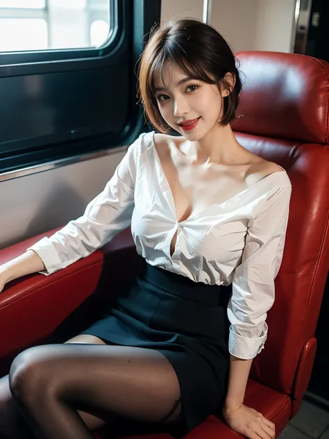 face :9,1714884241],  high-class elite secretary wearing a business shirt , Working in an office chair、厳格な showing a nerdy smile いる, ( sitting in a train seat wearing pantyhose)、(Wear a knit dress with short graded hair )、Crossed legs,  Wear Premium High H...