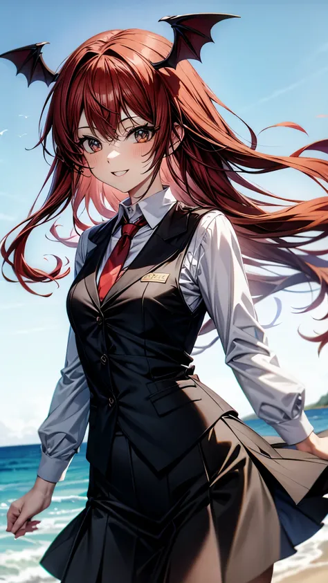 （super high quality,Ultra High Definition,16k,super masterpiece,Ultra HD , detailed shading and background,）one girl, long red hair with ocean print,bat feathers on the head,bat feathers on the back,Black vest, white long sleeve shirt,red tie,black skirt,s...