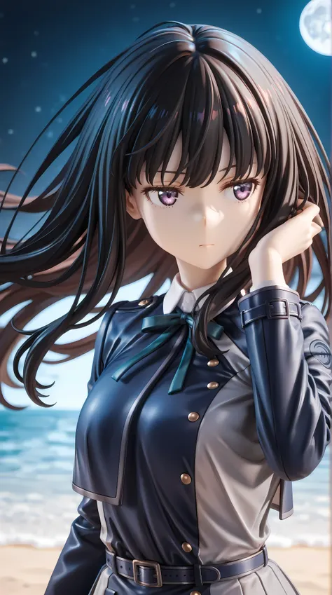solo, 1girl, (hair flip, floating hair:1.2)
BREAK 1girl, inoue takina, long hair, bangs, black hair, purple eyes, shirt, long sleeves, dress, ribbon, school uniform, white shirt, collared shirt, belt, neck ribbon, blue dress, green ribbon, pleated dress, g...