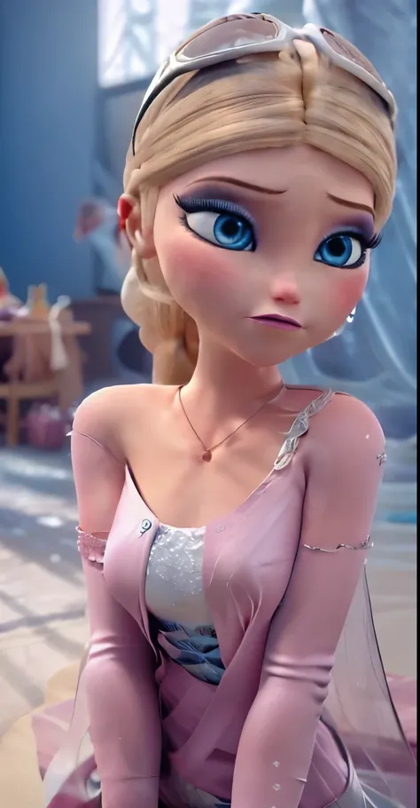  Elsa,chubby face,invent,face detail,blush,purple eye shadow, rose in hair,arise from,simple background, looking to the side,half shirt, White dress, No blouse, without bra, visible peak on chest, (big ) (big breasts) (Fully exposed chest) ( naked and visi...