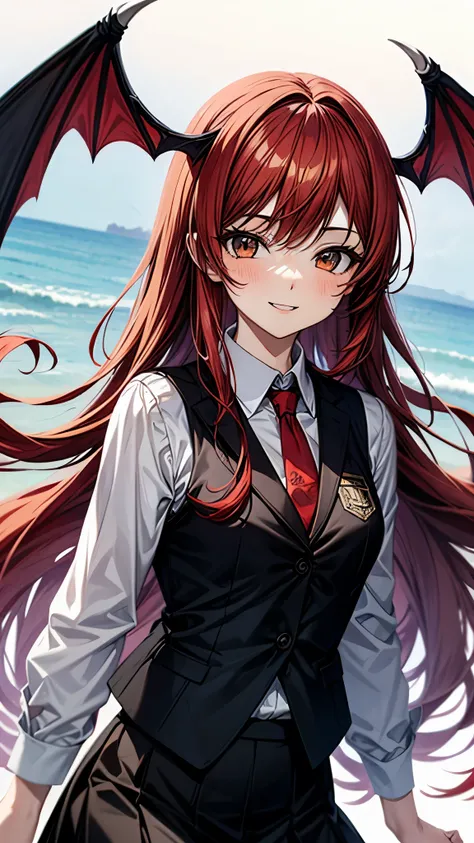 (super high quality,Ultra High Definition,16k,super masterpiece,Ultra HD , detailed shading and background,)one girl, long red hair with ocean print,bat feathers on the head,bat feathers on the back,Black vest, white long sleeve shirt,red tie,black skirt,s...