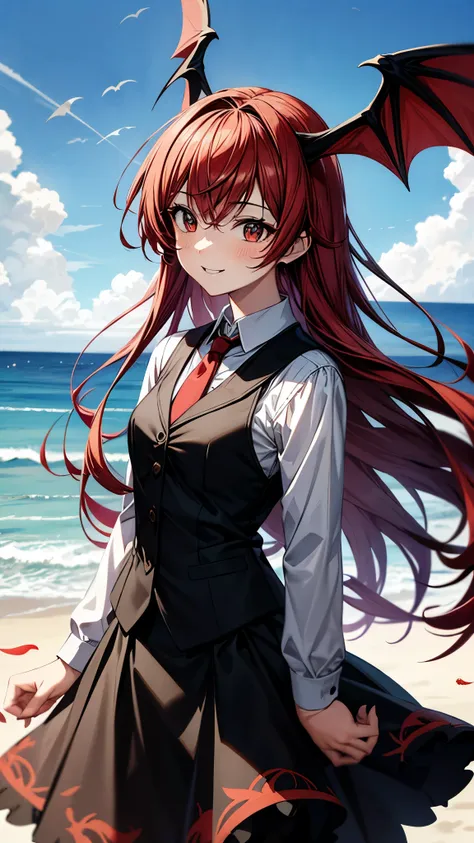 （super high quality,Ultra High Definition,16k,super masterpiece,Ultra HD , detailed shading and background,）one girl, long red hair with ocean print,bat feathers on the head,Devil's feathers on the back ,Black vest, white long sleeve shirt,red tie,black sk...