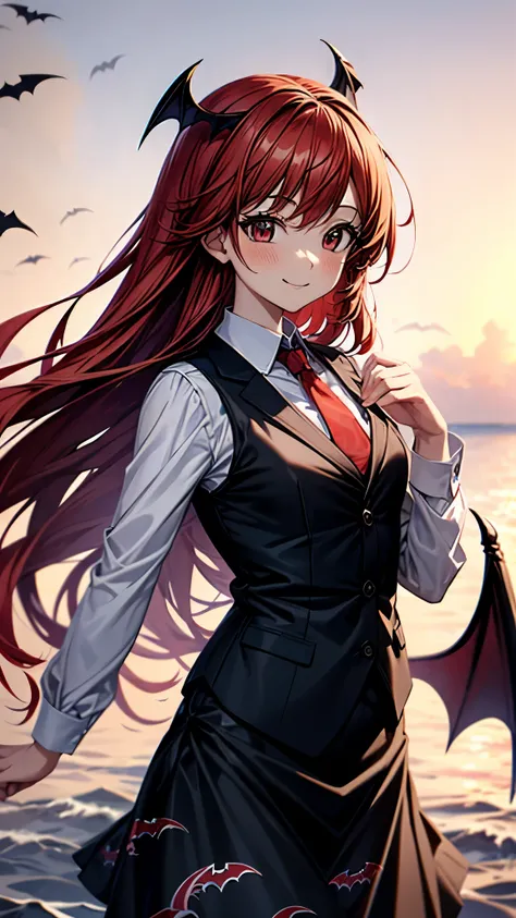 (super high quality,Ultra High Definition,16k,super masterpiece,Ultra HD , detailed shading and background,)one girl, long red hair with ocean print,bat feathers on the head,Devil's feathers on the back ,Black vest, white long sleeve shirt,red tie,black sk...